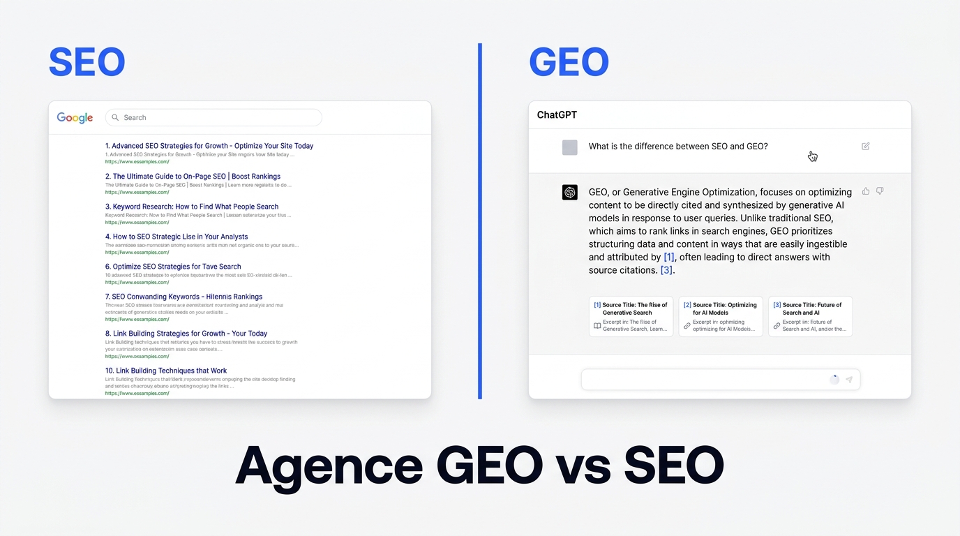 Agence GEO vs agence SEO en 2026 : différences, complémentarités et laquelle choisir